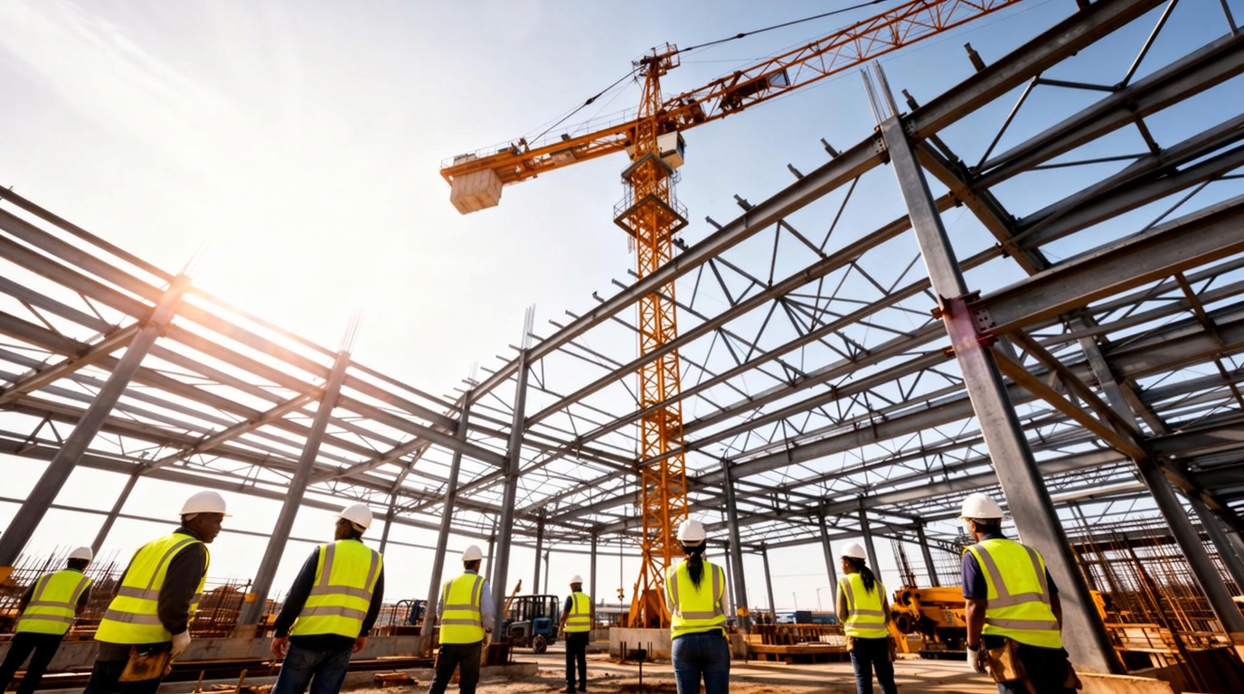 Construction site with crane and steel framework